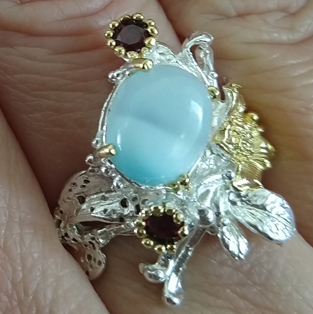 Gorgeous Natural larimar garnet art ring